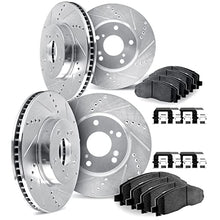 Load image into Gallery viewer, Dynamic Friction Company Front and Rear Brake Rotors Drilled and Slotted Silver with Ultimate Duty Performance Brake Pads includes Hardware - 7414-47003