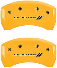 Load image into Gallery viewer, MGP Caliper Covers 12162SDD3YL Yellow Caliper Cover (Set of 4, Engraved Front and Rear: With stripes/Dodge, Yellow powder coat finish, black characters)