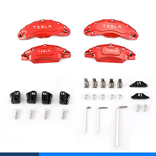 Caliper Covers Set of 4 Compatible with Tesla Model Y Accessories, 2017-2022 19 20 Inch Wheel Hub Front and Rear Brake Caliper Covers，Fit For Tesla Model Y Red Brake Caliper (Not Fit Tesla Model 3)