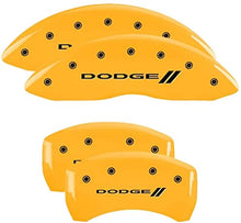 Load image into Gallery viewer, MGP Caliper Covers 12162SDD3YL Yellow Caliper Cover (Set of 4, Engraved Front and Rear: With stripes/Dodge, Yellow powder coat finish, black characters)