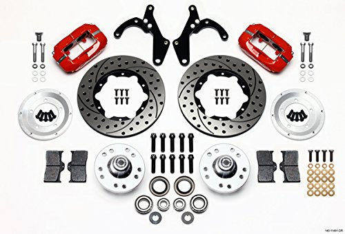 NEW WILWOOD FRONT DISC BRAKE KIT, 11" DRILLED ROTORS, RED CALIPERS, PADS,COMPATIBLE WITH 1955 1956 1957 CHEVY 150 210 BEL AIR WITH DRUM BRAKE SPINDLES, TRI-5, 55-57 CHEVROLET