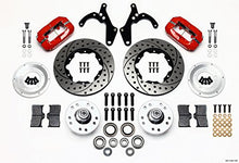 Load image into Gallery viewer, NEW WILWOOD FRONT DISC BRAKE KIT, 11&quot; DRILLED ROTORS, RED CALIPERS, PADS,COMPATIBLE WITH 1955 1956 1957 CHEVY 150 210 BEL AIR WITH DRUM BRAKE SPINDLES, TRI-5, 55-57 CHEVROLET