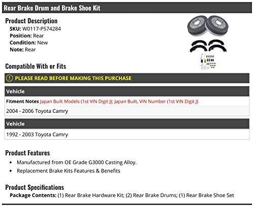 Rear Brake Drum and Brake Shoe Kit - 4 Piece - Compatible with 1992-2006 Toyota Camry