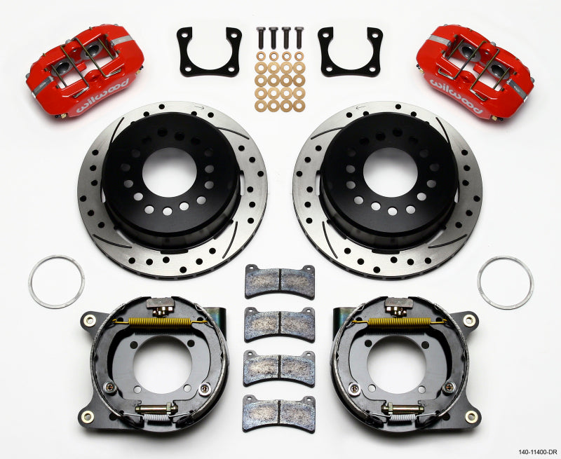 Wilwood Dynapro Low-Profile 11.00in P-Brake Kit Drill-Red Chevy 12 Bolt Spcl 2.81in Off Stag Mount