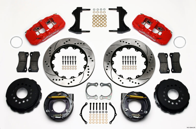 Wilwood AERO4 Rear P-Brake Kit 14.00in Drilled Red Big Ford New Style 2.36in Offset